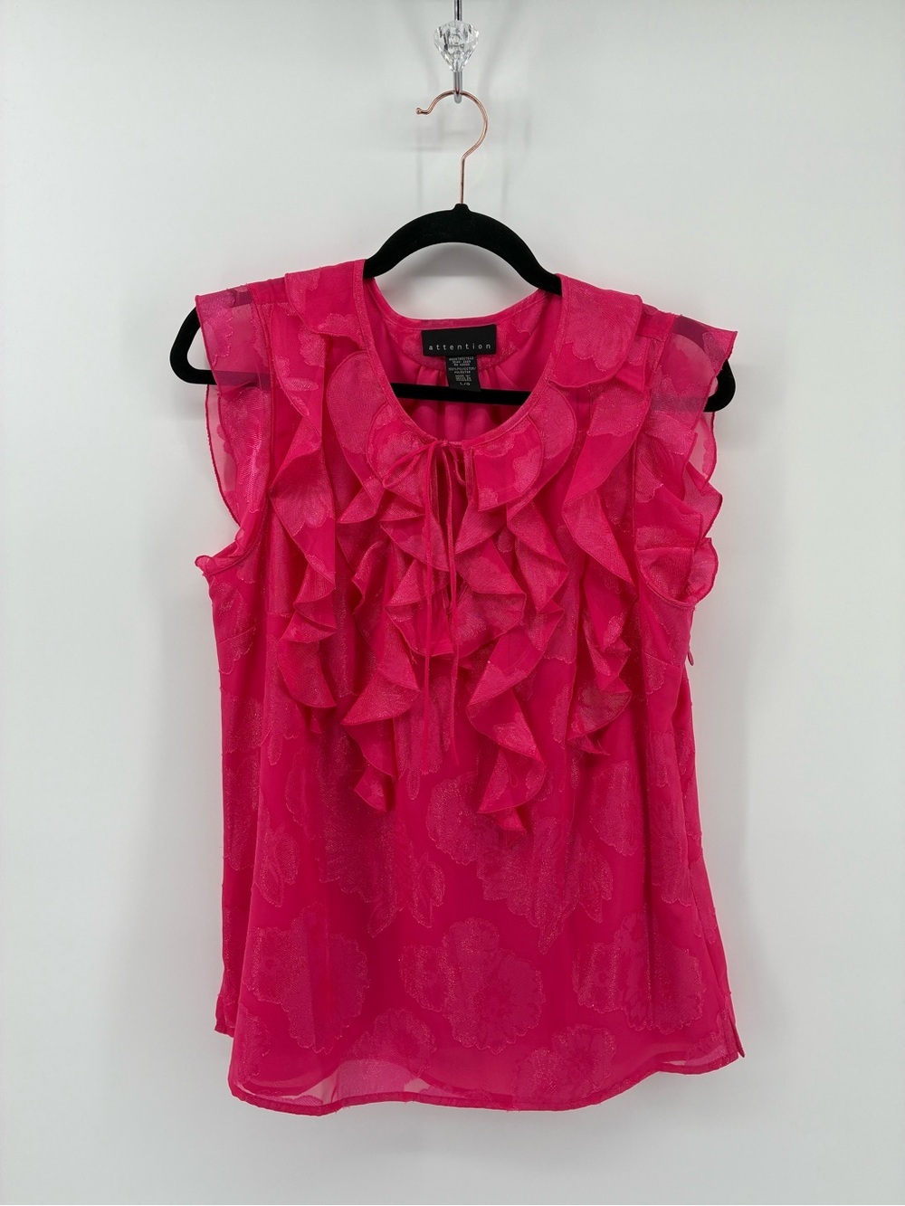 Hot Pink Ruffle Sleeveless Blouse Metallic Floral